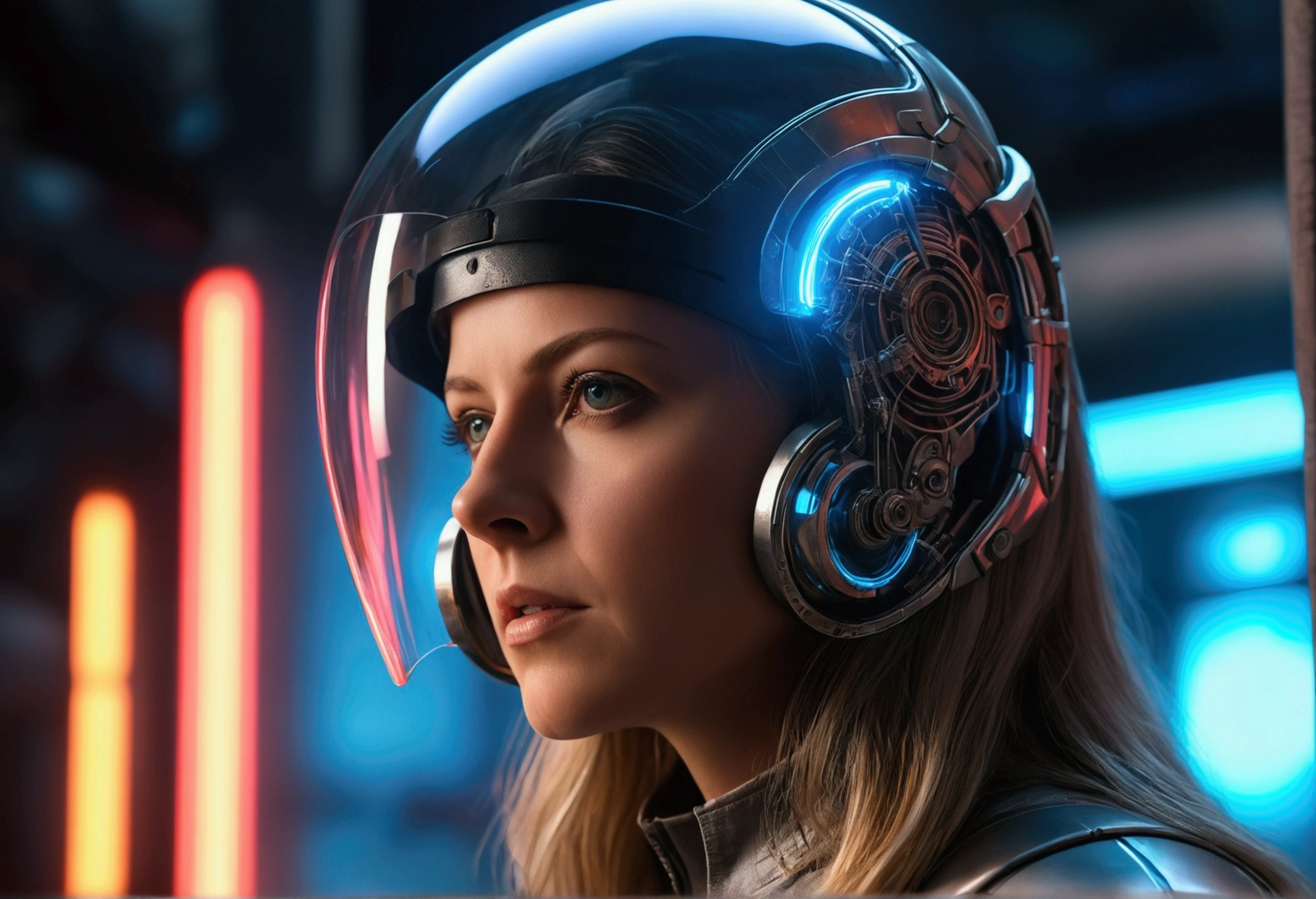 cinematic sci-fi movie scene, bionic woman, glass helmet, cyberpunk setting, cinematic lighting, hyper realistic, 8k, masterpiece, photorealistic, ultra detailed, dramatic lighting, neon lights, moody atmosphere, futuristic technology, advanced machinery, glowing circuits, chrome and steel, sharp focus, vivid colors