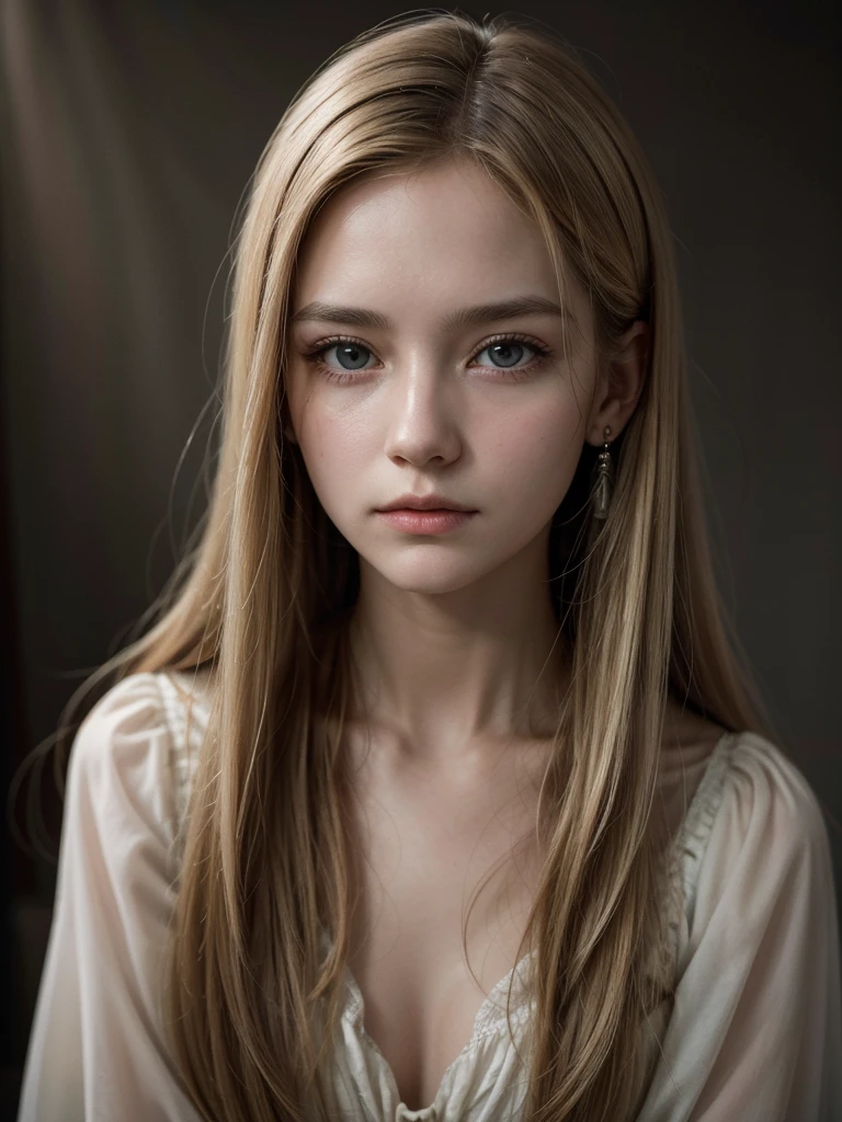 19th century portrait of a mysterious woman, around 32 years old, long blonde and straight hair. The image should be in a sepia tone with chiaroscuro lighting that highlights details without making the image too dark. The woman must have an enigmatic expression, with an intense look and young features. She is dressed in a dress and with earrings. The portrait should capture just the head and shoulders, daguerreotype style, with a shallow depth of field and a vintage photo border to mimic old photographs. The overall atmosphere should be dark but balanced to ensure the image remains sharp and suitable for printing, avoiding excessive darkness and maintaining visual quality.