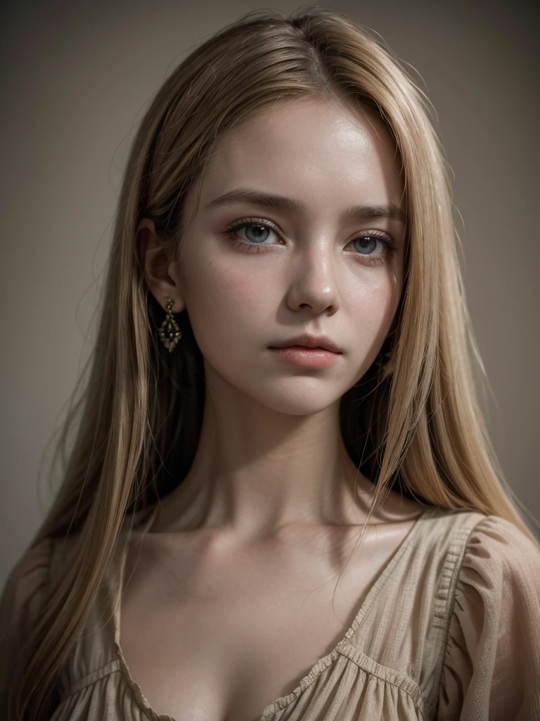 19th century portrait of a mysterious woman, around 32 years old, long blonde and straight hair. The image should be in a sepia tone with chiaroscuro lighting that highlights details without making the image too dark. The woman must have an enigmatic expression, with an intense look and young features. She is dressed in a dress and with earrings. The portrait should capture just the head and shoulders, daguerreotype style, with a shallow depth of field and a vintage photo border to mimic old photographs. The overall atmosphere should be dark but balanced to ensure the image remains sharp and suitable for printing, avoiding excessive darkness and maintaining visual quality.