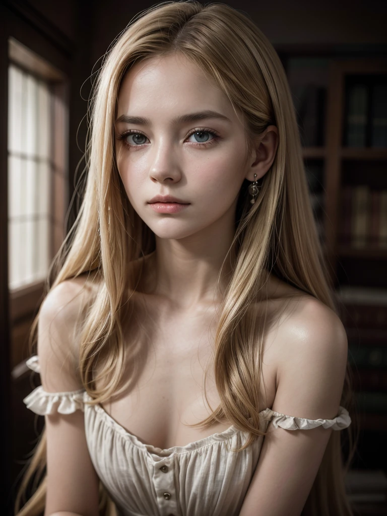 19th century portrait of a mysterious woman, around 32 years old, long blonde and straight hair. The image should be in a sepia tone with chiaroscuro lighting that highlights details without making the image too dark. The woman must have an enigmatic expression, with an intense look and young features. She is dressed in a dress and with earrings. The portrait should capture just the head and shoulders, daguerreotype style, with a shallow depth of field and a vintage photo border to mimic old photographs. The overall atmosphere should be dark but balanced to ensure the image remains sharp and suitable for printing, avoiding excessive darkness and maintaining visual quality.