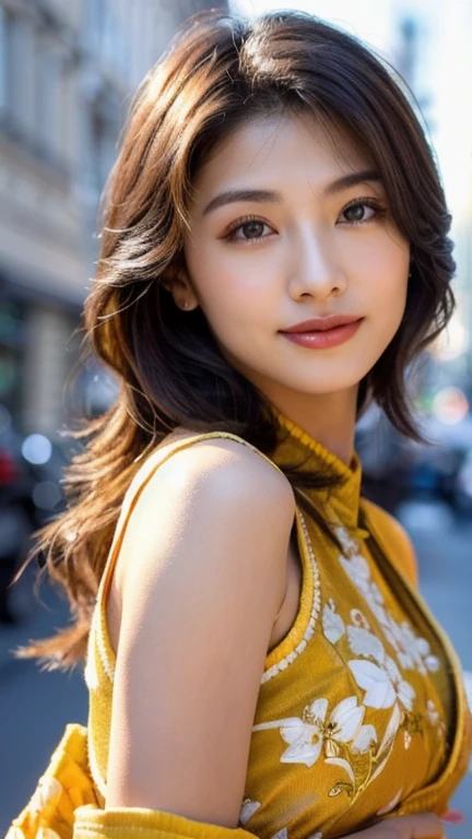 creates a full body photograph of a beautiful 22 year old oriental girl, perfect silhouette, (full body:1.2), medium bust, traditional Asian dress, city background, intricate details, vibrant colours, cinematic lighting, (best quality,4k,8k,high resolution, masterpiece:1. 2), realistic, photorealistic:1.37) (long hair: 1. 2), highly detailed facial and skin texture, detailed eyes, double eyelid work, , sincere smile ((best quality, 8K, masterpiece :1. 3)), (sharp focus :1.2), , (natural light, La rue de la ville:1. 1), detailed face, beautiful detailed eyes, beautiful detailed lips, long eyelashes, elegant pose, ornate floral background, intricate details, vibrant colours, cinematic lighting, (best quality,4k,8k,high resolution,masterpiece:1.2), ultra detail