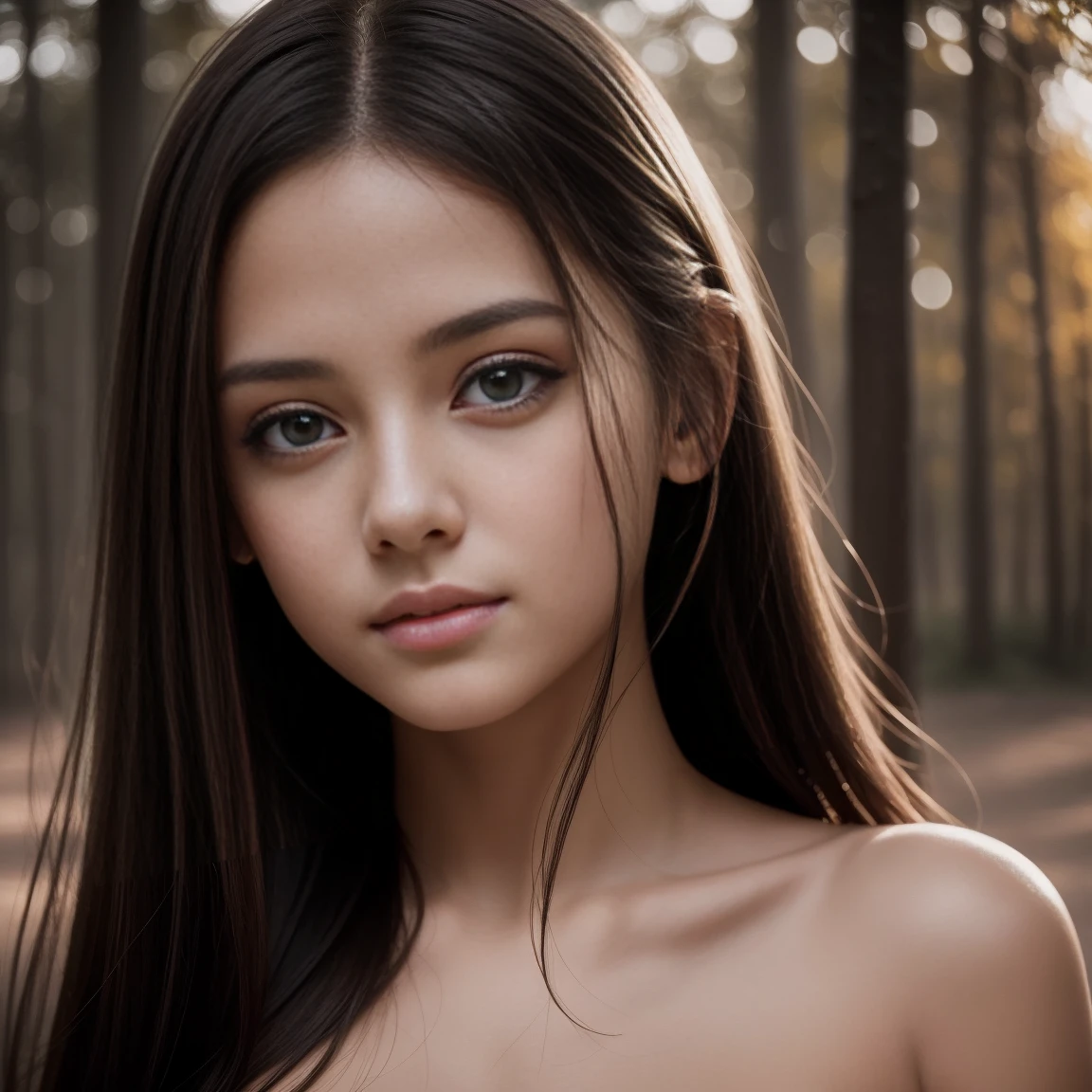 young girl, 32C breasts, cinematic, The portrait showcases a young (topless:1.6) with a shy and innocent demeanor, hazel eyes, sensual slim face, big lips, topless, white panties, Her hair is styled sleek and straight, elegantly framing her face with adorable long straight hair .Her face is illuminated by gentle lighting, highlighting her delicate features. The girl's eyes sparkle with a hint of curiosity and her lips form a subtle, shy smile. The background consists of a ourtoor nature autum scenery muted and warm-toned setting, providing a calm and serene atmosphere. The composition focuses on the girl's face, capturing the intricate details of her flawless skin, The overall image exudes a sense of tranquility and captures the innocence and gentleness of youth