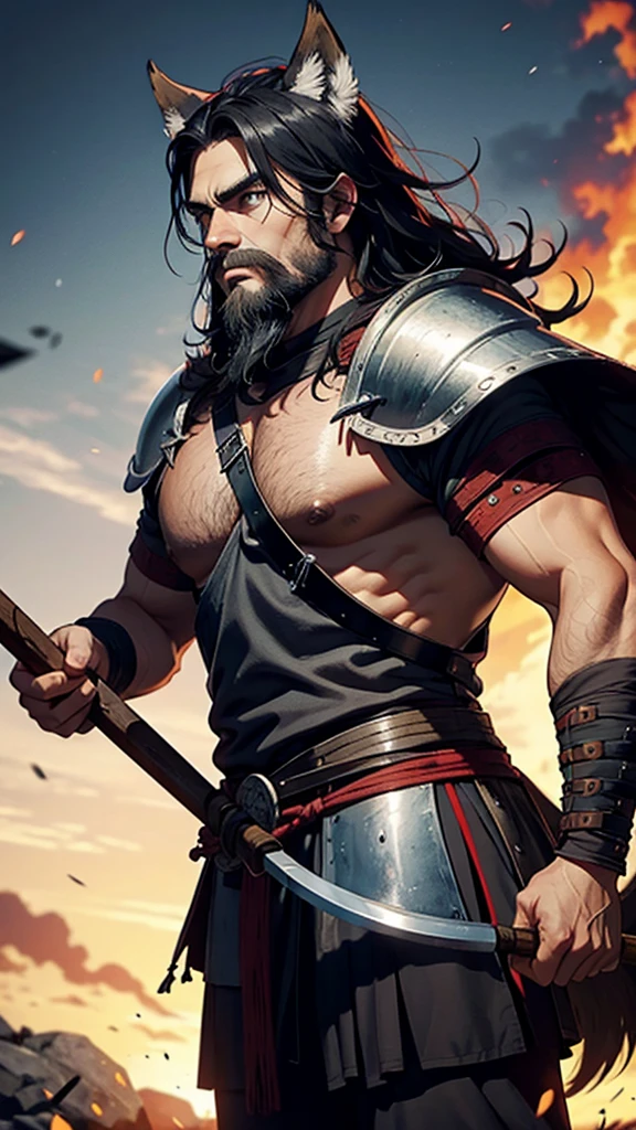 Nanevenant, ancient viking warrior, weighs 100 kilos, great ax, barba, black hair, companion red wolf, round face