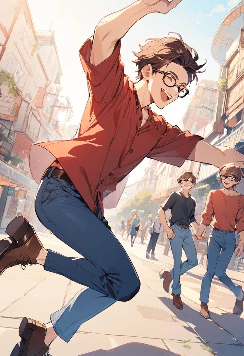 cool man with short brown hair, black eyes, glasses, red shirt, blue pants, brown shoes, happy
