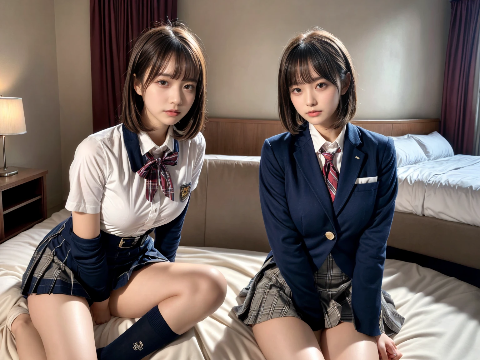 masterpiece, best quality, illustration, Super detailed, fine details, High resolution, 8K,wall paper, perfect dynamic composition,(Details High quality, realistic depiction of eyes:1.3), (2 girls), High school girl uniform、blazer 、Super Short Check Uniform Skirt、Navy blue high socks、garterbelts、 sitting, open legs, short bob hair, in a hotel room in the background, deep on field, large breasts, black hair color, Big Natural Color Lip, (perfect body shape), crying a little、Harajuku style、20 year old girl、cute type、beautiful legs, Gravure Idol