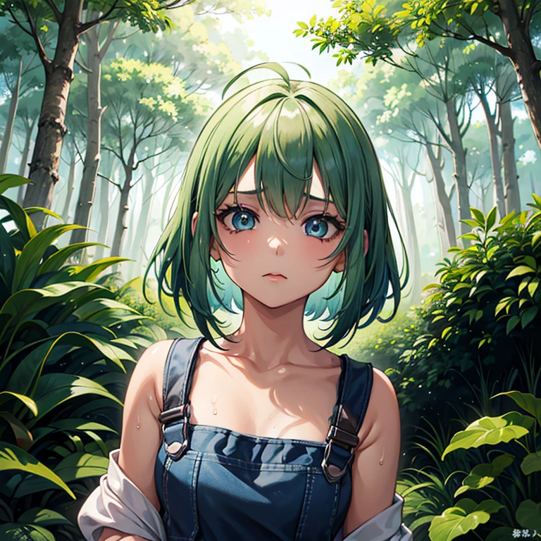 ((One Girl)), Green Hair、Short Bob、Bright Blue Eyes、Hair blowing in the wind、Big Ahoge、Big eyes、(butterfly hair accessories)、((Oily brown skin))、、Blue Overalls、look back、Only the upper body is visible、Pleading Face、Sweat pours out、Being in the deep forest