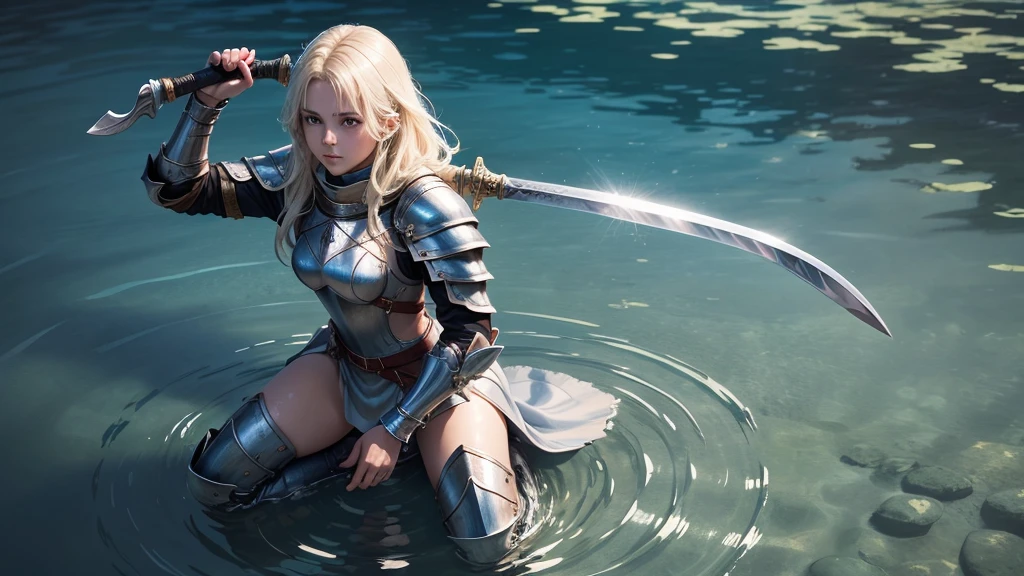 ultra high quality, a female knight is kneeling in shallow water, water ripples around her. She raises her arms and offers her sword in both open hands