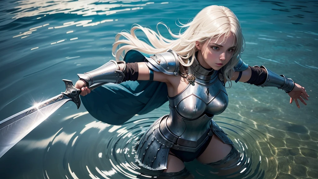 ultra high quality, a female knight is kneeling in shallow water, water ripples around her. She raises her arms and offers her sword in both open hands