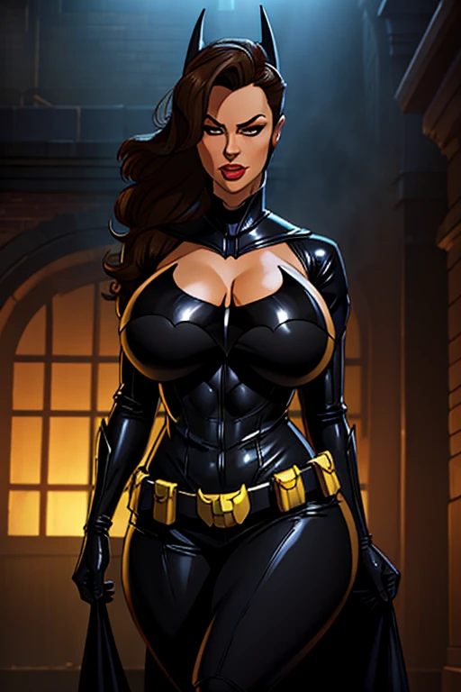 Batman transformed into a docile sexy female bimbo with huge breasts and thick lips