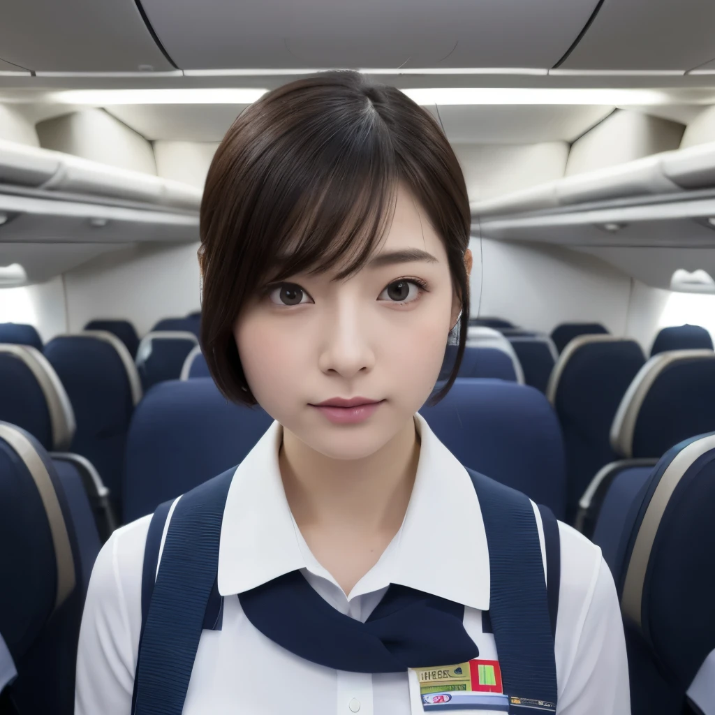Highest quality, masterpiece, 8k, Ultra-high resolution, (Photorealistic:1.4), One Girl、Beautiful expression、Symmetrical eyes、short hair、huge 、Perfect figure、Stewardess Uniform、The stewardess has、Sucking penis, Look at the viewers、(Inside the plane:1.2)、View from the front、shoulder、Absolute area(1.3)、Sad、Browsing Caution、