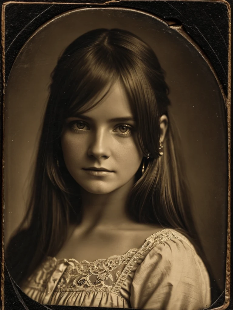19th century portrait of a mysterious woman, around 32 years old, long blonde and straight hair. The image should be in a sepia tone with chiaroscuro lighting that highlights details without making the image too dark. The woman must have an enigmatic expression, with an intense look and young features. She is dressed in a dress and with earrings. The portrait should capture just the head and shoulders, daguerreotype style, with a shallow depth of field and a vintage photo border to mimic old photographs. The overall atmosphere should be dark but balanced to ensure the image remains sharp and suitable for printing, avoiding excessive darkness and maintaining visual quality.