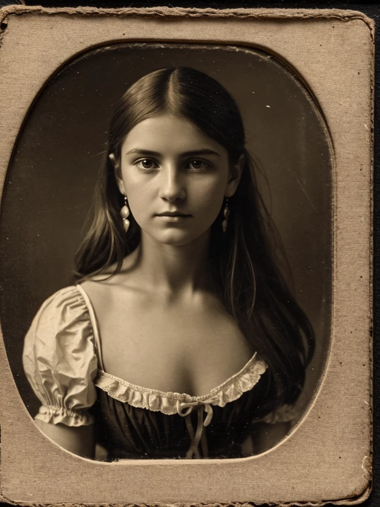 19th century portrait of a mysterious woman, around 32 years old, long blonde and straight hair. The image should be in a sepia tone with chiaroscuro lighting that highlights details without making the image too dark. The woman must have an enigmatic expression, with an intense look and young features. She is dressed in a dress and with earrings. The portrait should capture just the head and shoulders, daguerreotype style, with a shallow depth of field and a vintage photo border to mimic old photographs. The overall atmosphere should be dark but balanced to ensure the image remains sharp and suitable for printing, avoiding excessive darkness and maintaining visual quality.
