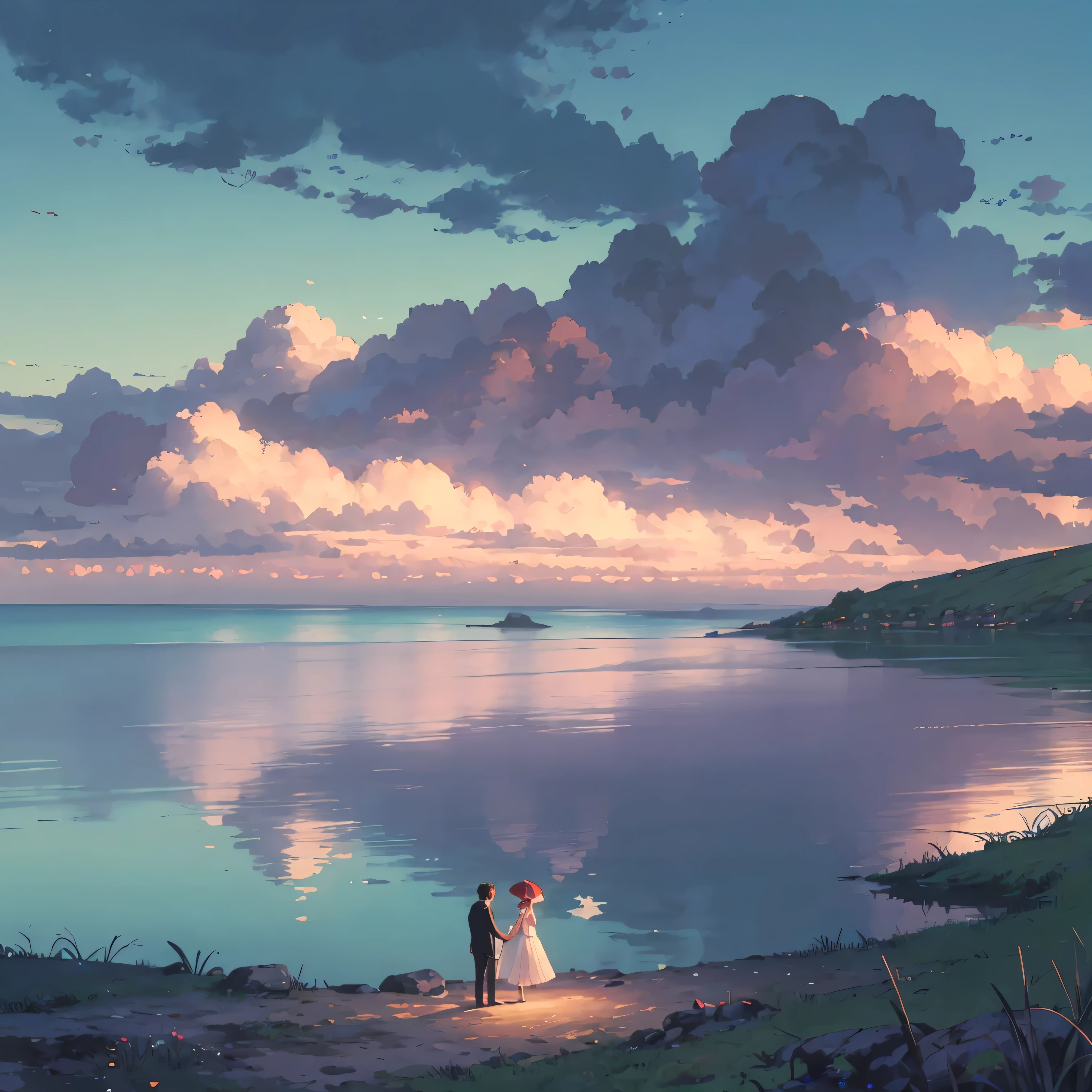A romantic couple standing together on a beach, holding a red umbrella. The man and woman embrace each other tenderly, looking into each other's eyes with love and affection. The scene is set against a backdrop of a vast ocean, with gentle waves and a beautifully clouded sky. The grass in the foreground is lush and green, providing a soft base for the scene. The image has a slightly painterly effect, with the colors appearing vibrant and soft, reminiscent of an anime or watercolor painting. The overall atmosphere is serene and romantic, capturing a tender moment between the couple. The focus is on the couple, with the background slightly blurred, adding depth to the composition.
The photograph is taken from a wide perspective, making the couple appear far away, and capturing a broad view of the sky and landscape. This wide-angle approach emphasizes the expansive beauty of the surroundings, highlighting the serene ocean and the vast, cloud-filled sky, enhancing the dreamy and romantic ambiance of the scene