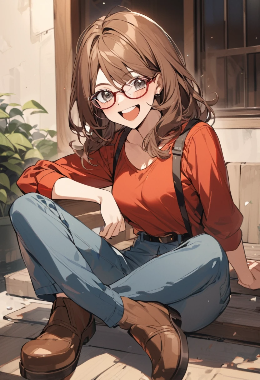 cool woman with long brown hair, black eyes, glasses, red shirt, blue pants, brown shoes, happy