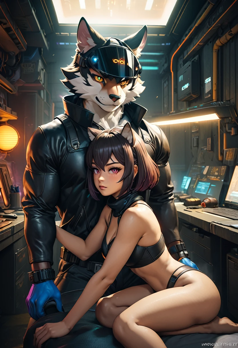 masterpiece, best quality, highres, resolution, vibrant colors, smooth gradients, (1boy, 1girl, hero, heroine, kemono, furry, anthro)atmospheric perspective, intricate details, natural lighting effects, realistic textures, immersive scene, steamy storyline, cyberpunk aesthetic, erotic impression, sensuality,