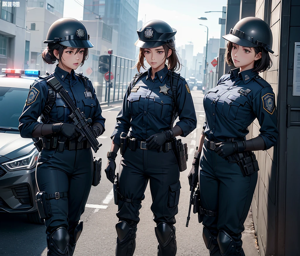 A group of female police officers in uniform、Wear a steel helmet、Long-sleeved shirt、trousers、Gloves、Tactical shoulder strap、Knee pads、Write details、masterpiece、best quality、Highly detailed CG、8K picture quality