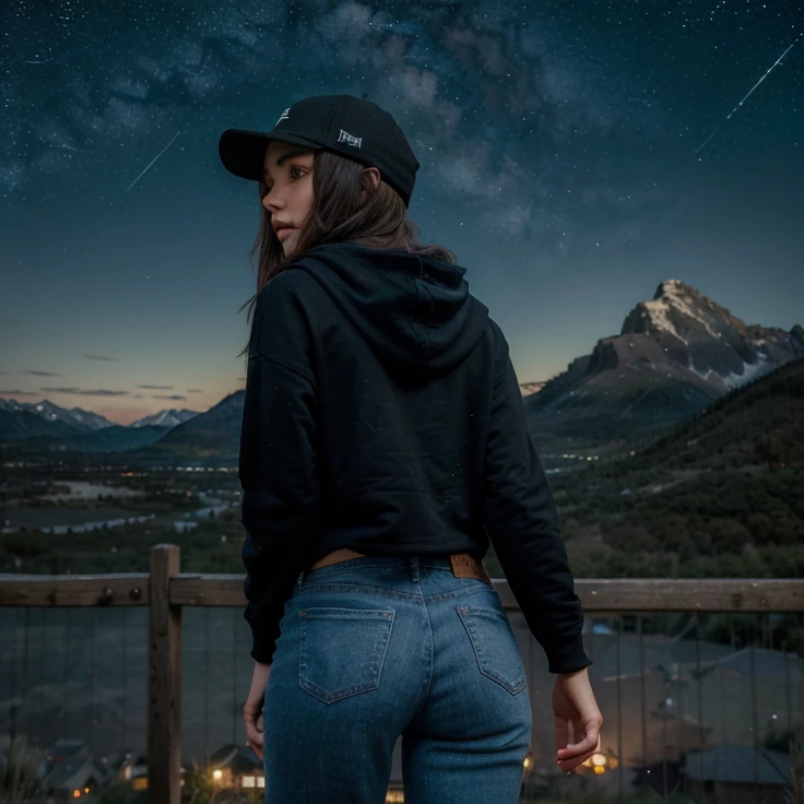 ((best quality)), ((masterpiece)), (detailed), 1 girl , black hoodie , black cap , standing position , facing backward , starry night background , mountain background , night time , jeans , cap covering the face , looking at the back