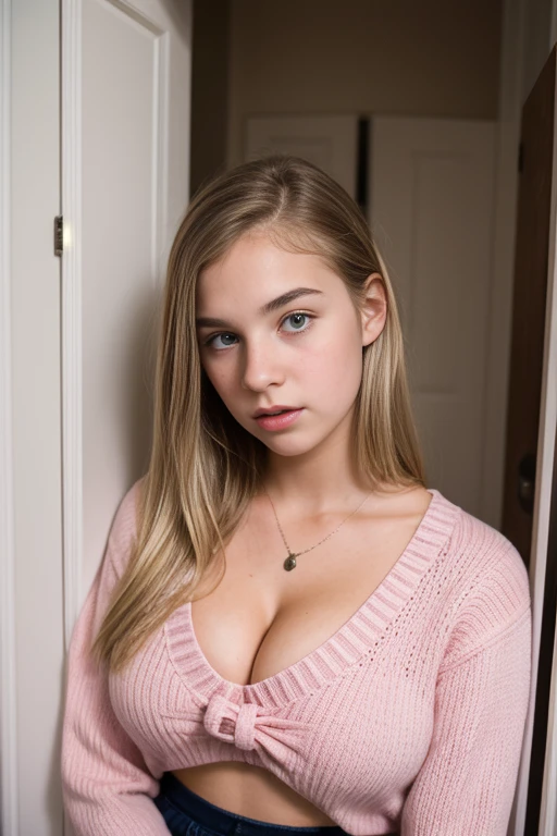 Portrait of a shocked 18 year old preppie teen girl standing in a closet doorway.  Pink sweater. Bow in hair. Blonde hair. Close up. Cleavage 