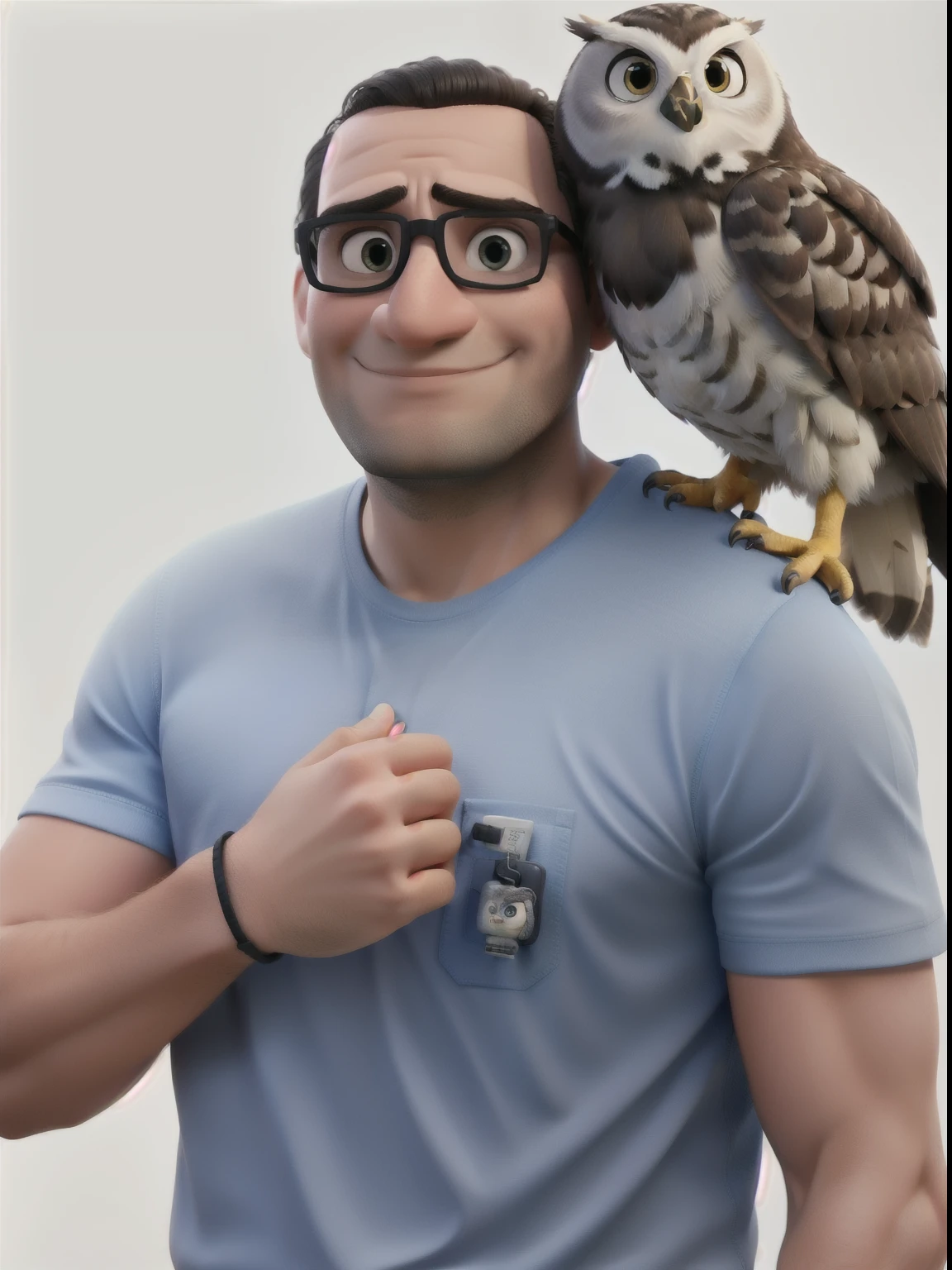 man with an owl on his shoulder disney pixar style, high qualiy, best qualityer 