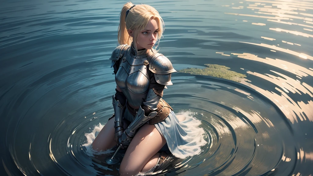 ultra high quality, a female knight is kneeling in shallow water, water ripples around her. She raises her arms and offers her sword in both open hands, blonde hair tied to a ponytail, blue eyes