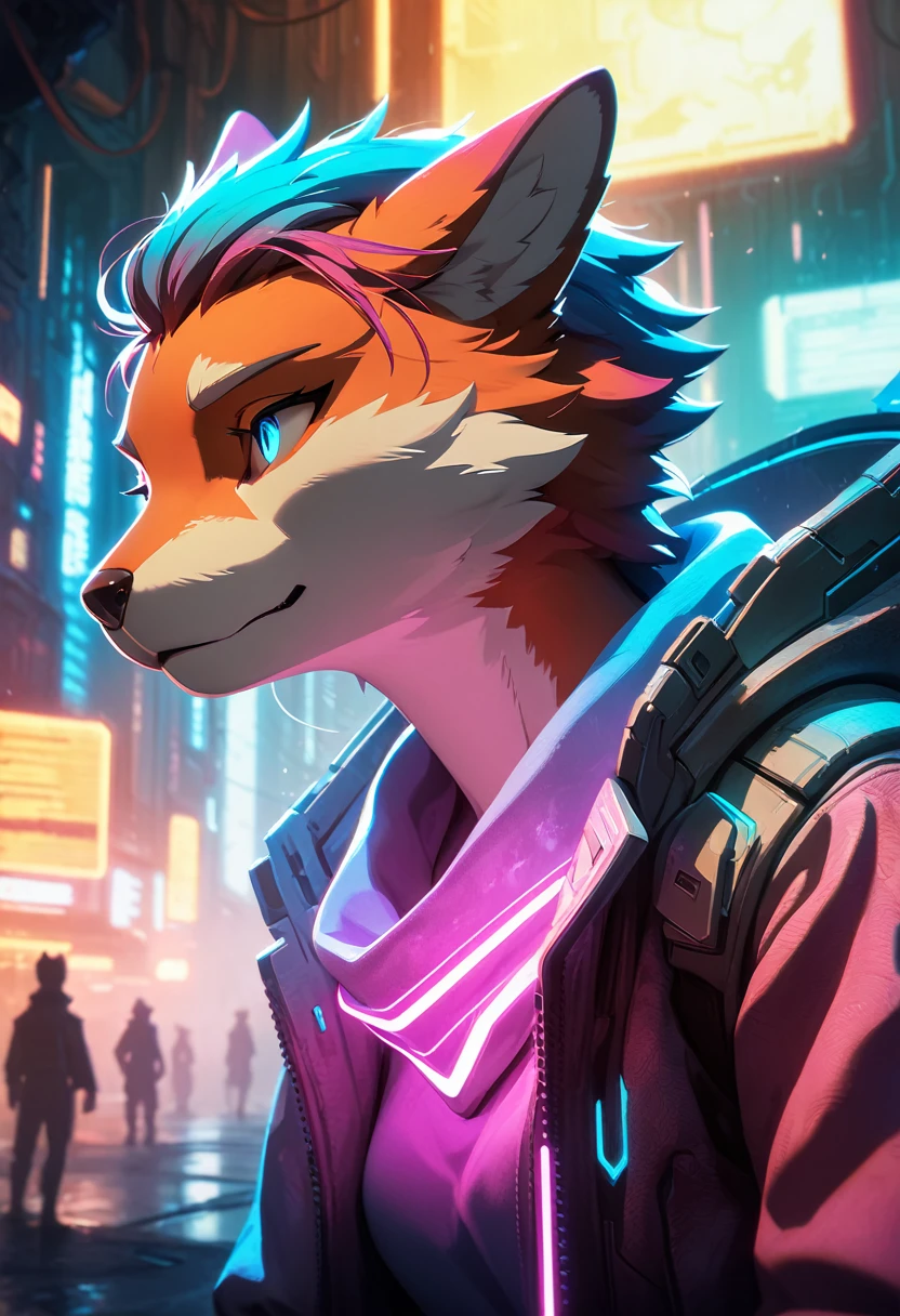 masterpiece, best quality, highres, resolution, vibrant colors, smooth gradients, (1boy, 1girl, hero, heroine, kemono, furry, anthro)atmospheric perspective, intricate details, natural lighting effects, realistic textures, immersive scene, steamy storyline, cyberpunk aesthetic, erotic impression, sensuality,