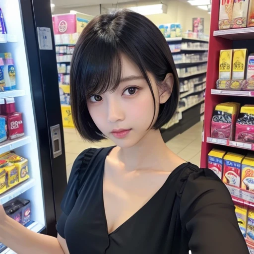 20-year-old women、Japanese、Beauty、The eyes are double、blouse、Background of convenience store、Beautiful Skin、Glossy Lips、Black short hair、whole body、Selfie