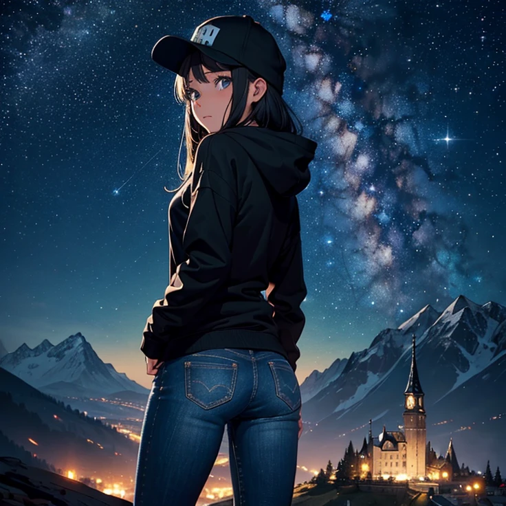 ((best quality)), ((masterpiece)), (detailed), 1 girl , black hoodie , black cap , standing position , facing backward , starry night background , mountain background , night time , jeans , cap covering the face , looking at the back