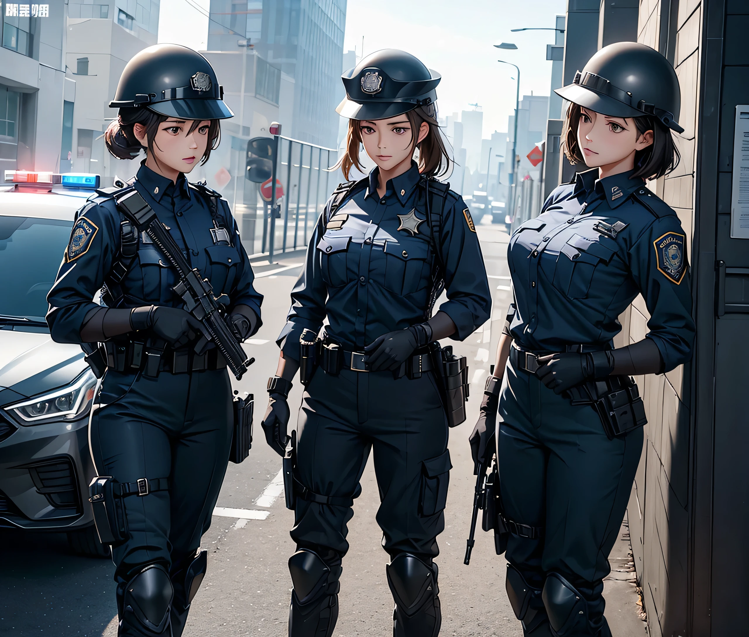 A group of female police officers in uniform、Wear a steel helmet、Long-sleeved shirt、trousers、Gloves、Tactical shoulder strap、Knee pads、Write details、masterpiece、best quality、Highly detailed CG、8K picture quality