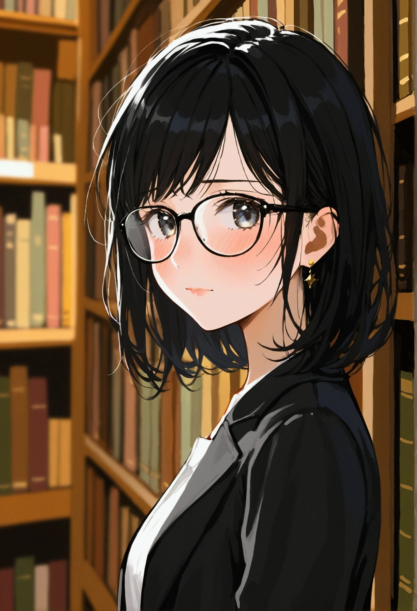 (masterpiece: 1.1, Highest quality: 1.1), Black Hair, Library, Glasses, girl, Blushing