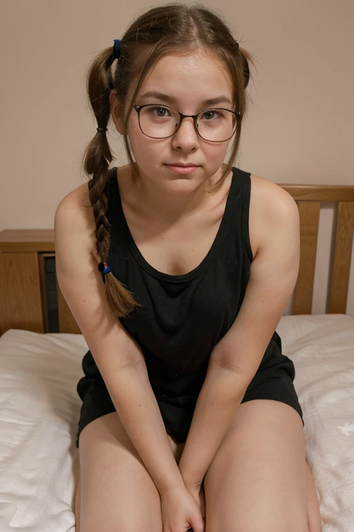 young girl, , , too fat, two pigtails hairstyle, glasses, sucking his finger, she is sitting on a bed, open and raise your feet