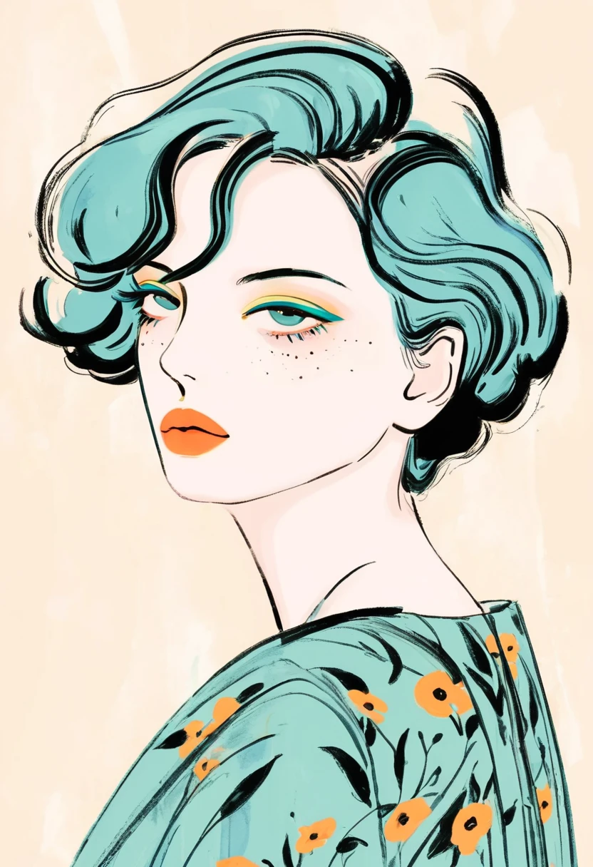 Illustration of lady, in style of Digital Illustration, Trending on artstration,Solitary , Digital drawing, Portrait of Loepfe, Fine Hair, Black Lines,Illustration style, Digital Illustration, Color Sketch, watercolor Illustration style,