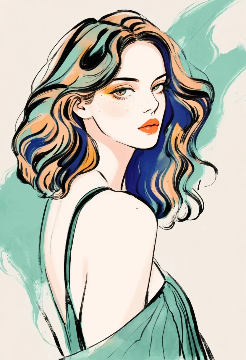 Illustration of lady, in style of Digital Illustration, Trending on artstration,Solitary , Digital drawing, Portrait of Loepfe,  Fine Hair, Black Lines，Illustration style, Digital Illustration, Color Sketch, watercolor Illustration style,