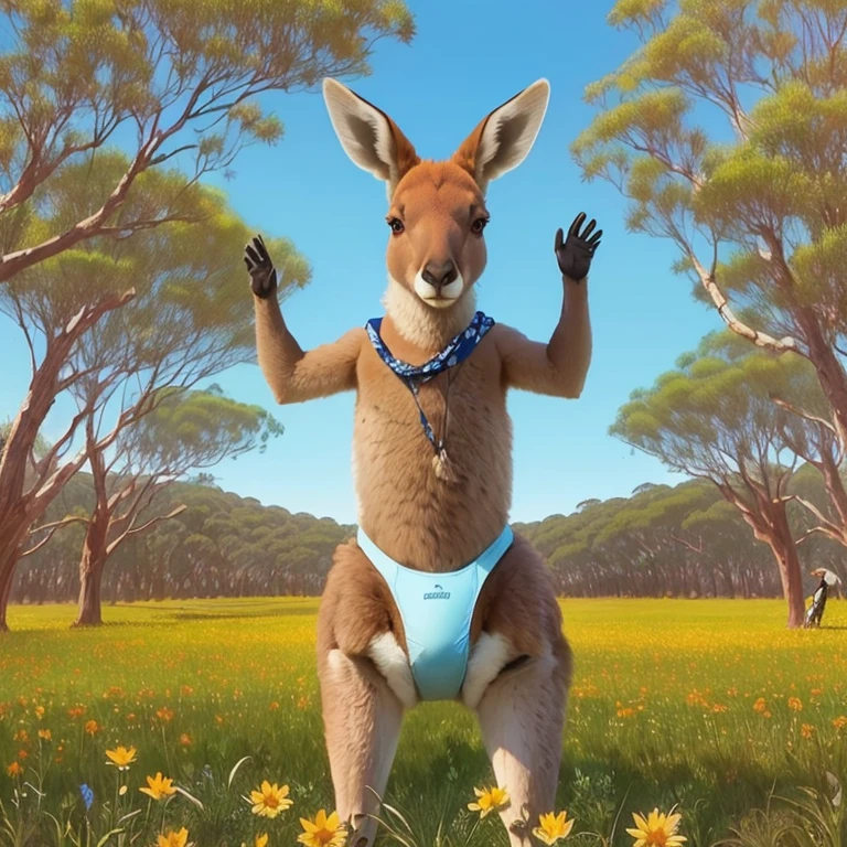 araffe in a blue underwear standing in a field of flowers, subject : kangaroo, subject: kangaroo, spy kangaroo, kangaroo, pete davidson walking a kangaroo, on a hot australian day, kangaroos, 🐋 as 🐘 as 🤖 as 👽 as 🐳, in australia, australian, by Glen Angus, chasing a kangaroo, australian bush, 🐎🍑, awesome