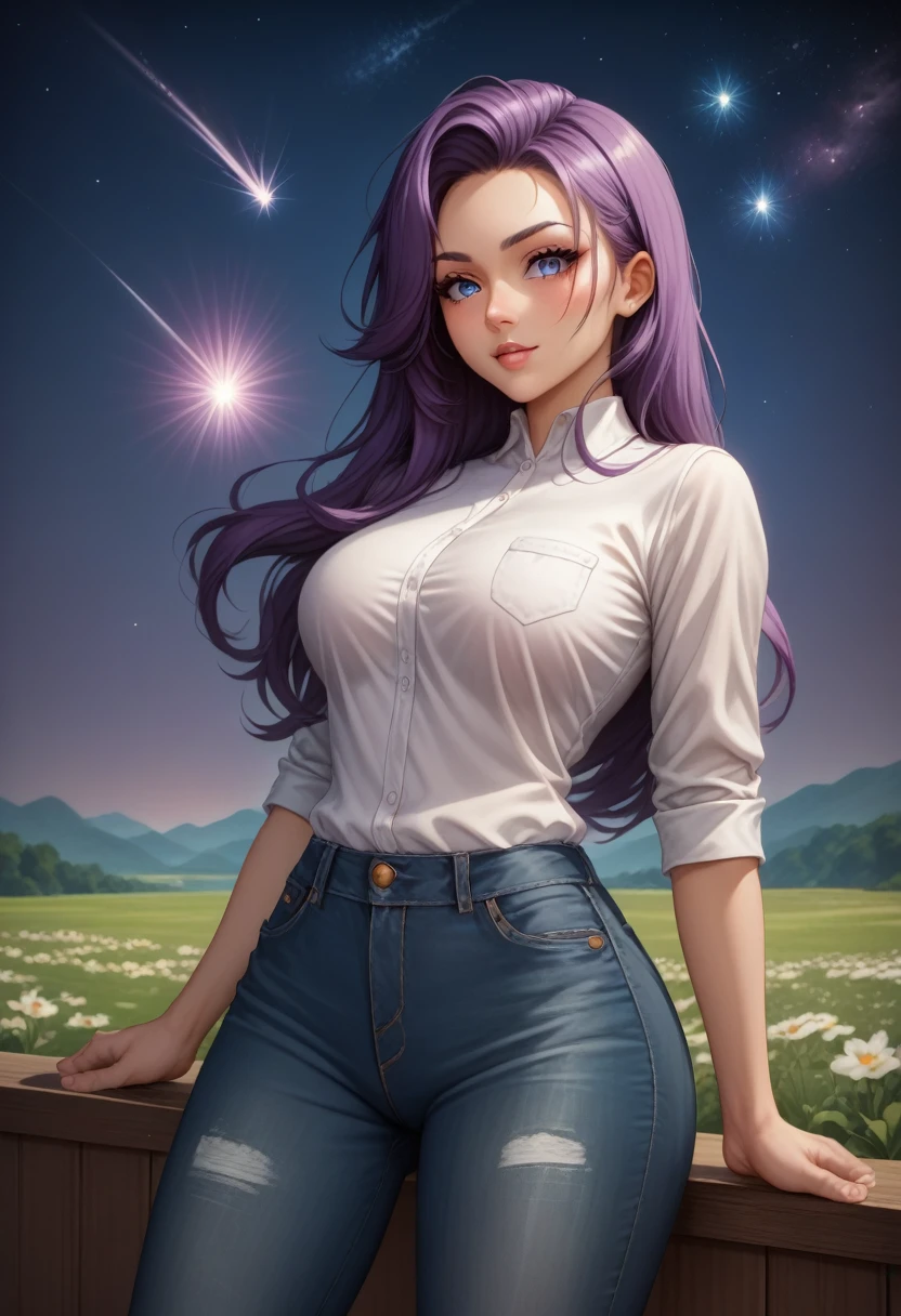 score_7_up,score_8_up,score_9,source anime,surper detail,1girl,white shirt,black denim pants,In a nighttime meadow, shooting stars continuously streak across the sky, creating a light show. The entire meadow is bathed in starlight, spreading breathtaking beauty. A moment of being captivated by the miracles of nature.