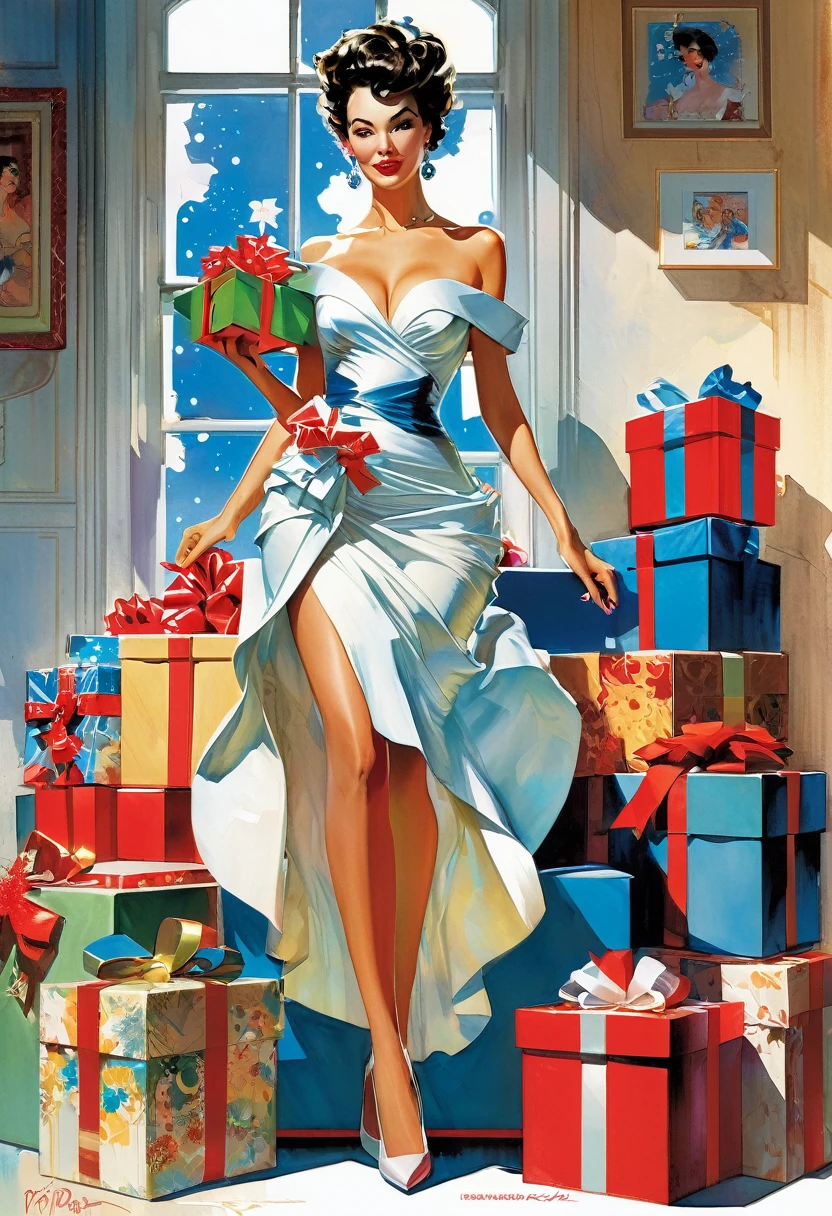 arafed woman in a dress holding a box of presents, lois van rossdraws, jean-sebastien rossbach, norman rockwell ross tran, diego dayer, by Pedro Pedraja, fabulous illustrations, by Glenn Fabry, by Yoshihiko Wada, milo manara style, alejandro burdiso style art, pinup art, otto schmidt, by Eddie Mendoza