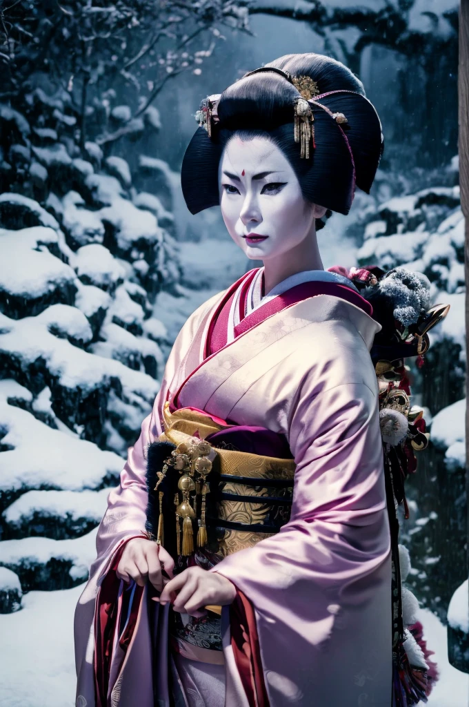 A samurai mature woman in realistic portrait of high quality and detail, movie style, mature face, 43 years old, Geisha, white makeup, She has Japanese traditional hairstyle, traditional hairstyle-nihongami, black eyes, pale skin, asian girl, She is wearing a traditional Japanese pink armor, blood on her clothes, medium breast, curvy, milf, mole on her face, dark fantasy, dark atmosphere, dramatic look, glow, eye shadow, 1girl, Depth & Perspective, melancholic face, fine face, She's standing in the japanese street, outdoors, snow on background, winter, night time, looking at viewer, (ultra-high detail:1.2), Masterpiece, Best Quality, Ultra-detailed, Cinematic lighting, 8K, delicate features, cinematic, 35 mm lens, f/1.9, highlight lighting, global lighting –uplight –v 4, cinematic, Cinematic lighting, 8K, high quality, Highest Quality, (Solo Focus), (extremly intricate:1.3), (Realistic), masterful, Analog style, (Film grain:1.5), (cold tone),