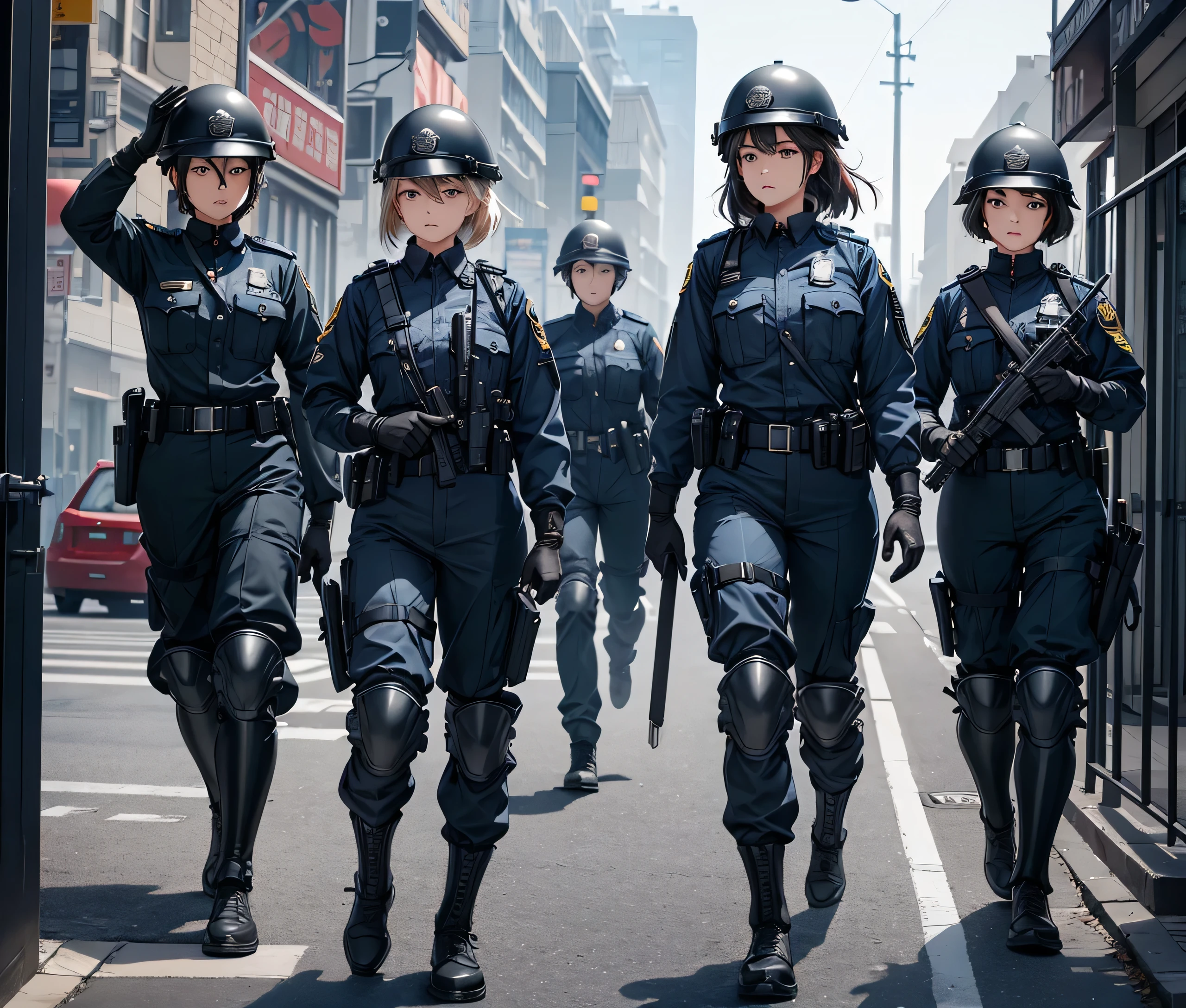 Looking up、A group of female police officers in uniform、Wear a steel helmet、Long-sleeved shirt、trousers、Gloves、Tactical shoulder strap、Knee pads、Write details、masterpiece、best quality、Highly detailed CG、8K picture quality
