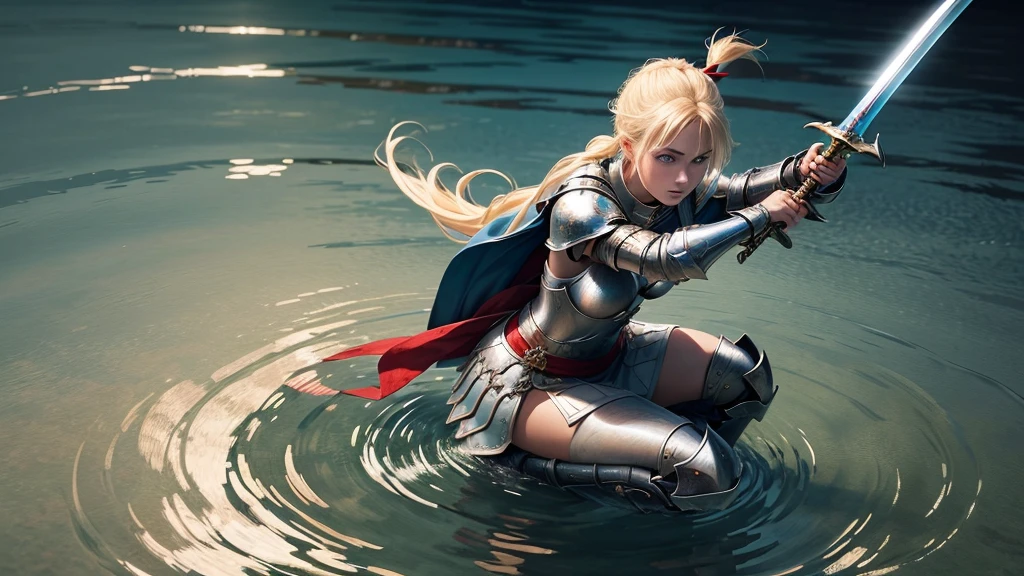 ultra high quality, a female knight is kneeling in shallow water, water ripples around her. She raises her arms and offers her sword in both open hands, blonde hair tied to a ponytail wit a red ribbon, blue eyes