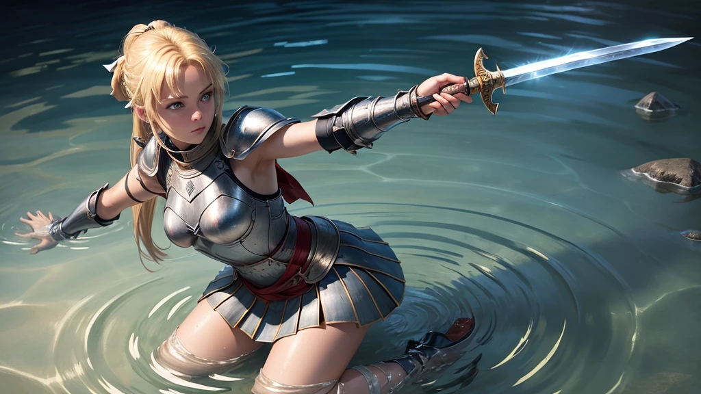 ultra high quality, a female knight is kneeling in shallow water, water ripples around her. She raises her arms and offers her sword in both open hands, blonde hair tied to a ponytail wit a red ribbon, blue eyes