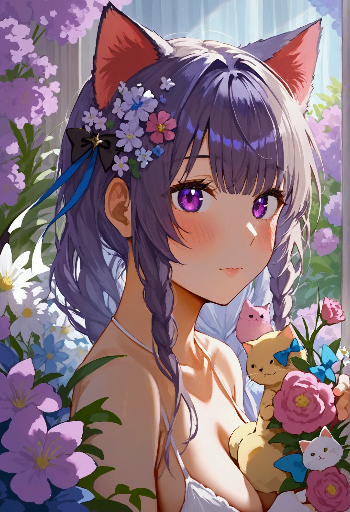 (masterpiece: 1.1, Highest quality: 1.1), One girl, naked, Animal ears, Purple eyes, Brown Hair, wing, alone, Long Hair, blush, Cat耳, Flowers, View your viewers, Braid, bow, dress, pink Flowers, bow, hair accessory, bangs, Cat, Hair Flower, Animal ears毛, Holding, Virtual YouTuber, Blue ribbon, Holding animal, Catwoman, stuffed toy