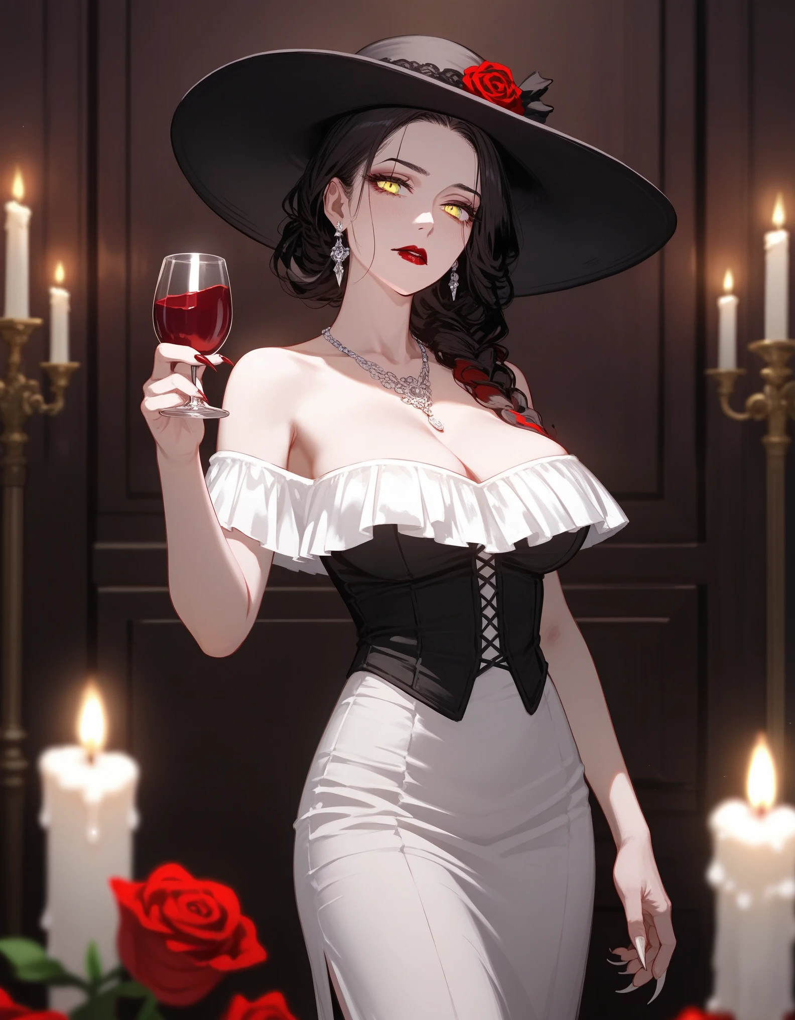 Digital illustration featuring a dark, Big Busty gothic style. The layout centers on a woman Lady Dimitrescu with pale skin, dark hair, and striking yellow eyes. She is dressed in an elegant, off-shoulder cream gown adorned with a large red rose on the left side of her chest. She wears a wide-brimmed black hat and holds a glass of red wine in her right hand. Her left hand, partially hidden, reveals long, sharp claws. The background is dimly lit with three candles on the wall, casting a warm glow. The overall atmosphere is eerie and mysterious, enhanced by the subtle bloodstains on her dress. The artist's signature is visible in the bottom right corner. anime, anatomically correct, super detailed, high quality, 4K, high details, super detailed, 4k