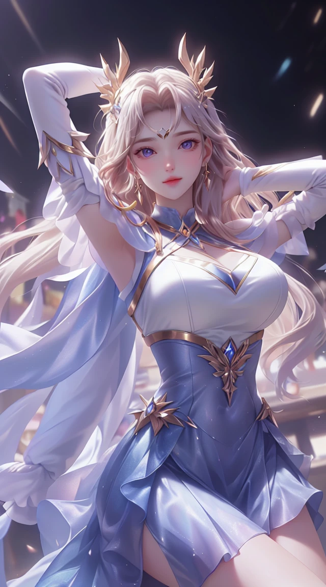 (8K, RAW photogr, Best quality at best, tmasterpiece:1.2),(actual, Photorealistic:1.37),Photo mapping,profesional lighting,ラジオシティ,Keda,Super beautiful glowing big eyes,Best quality at best, 1个Giant Breast Girl,Alone,long whitr hair,a skirt,physically-based renderingt,Taikou,manifestation,Take a seat, Shy