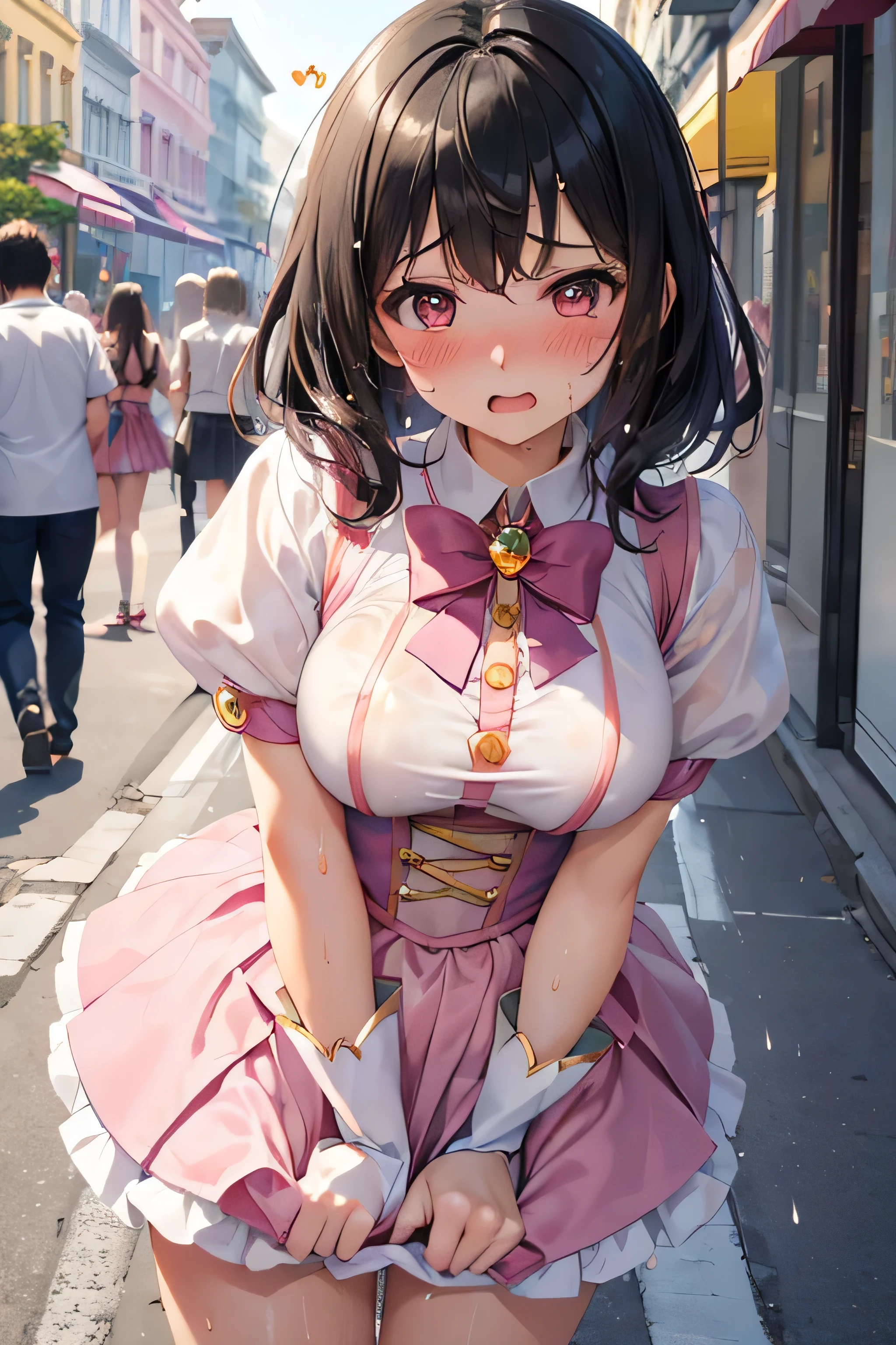 One Woman,20-year-old,((Magical Girl Costume)) ,(((Blushed))), )), ((()))((Mouth open)),(((Magical Girl Costume))(Happy Ahegao),Wet with sweat,(Black-haired,),((street,crowd,))(())