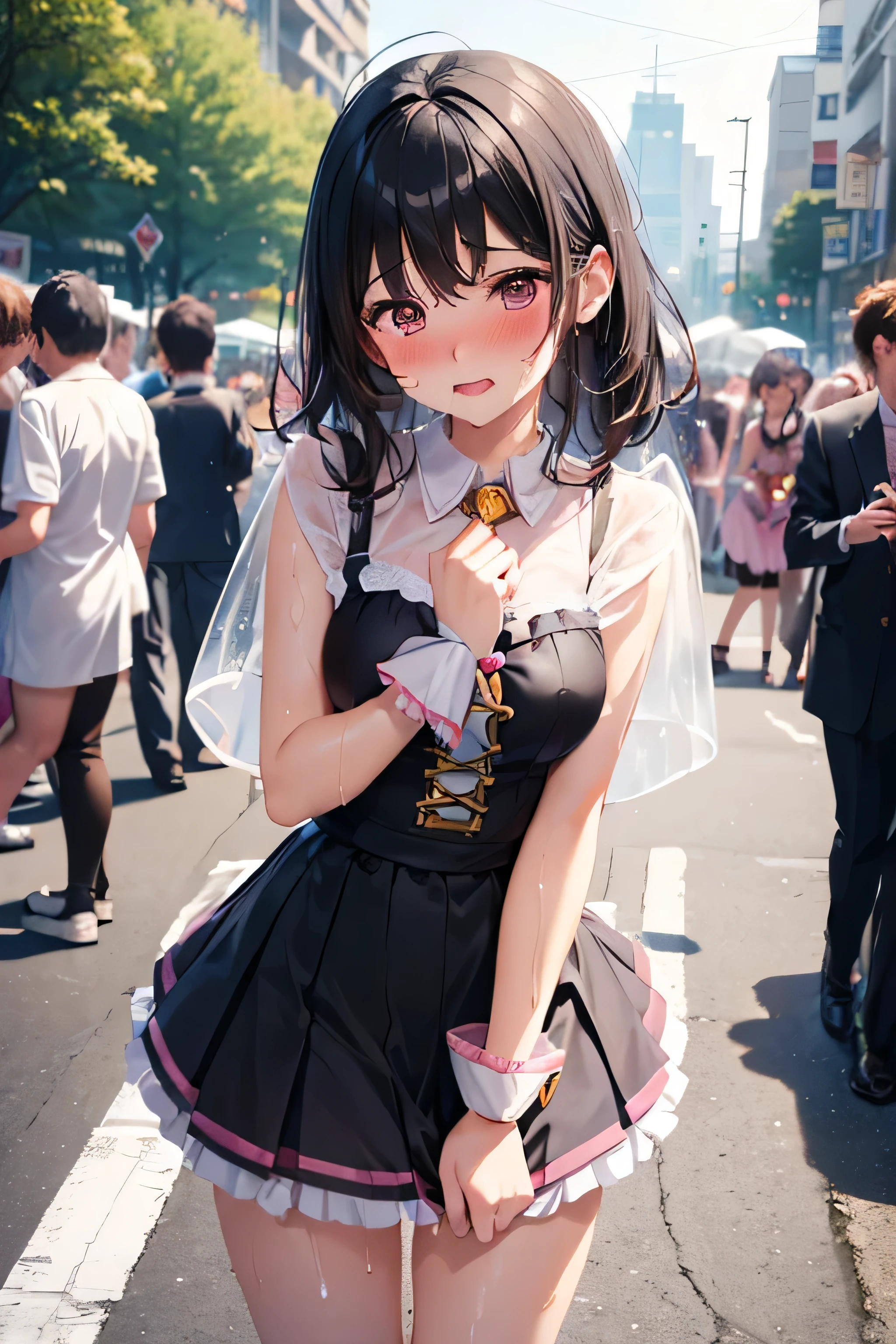 One Woman,20-year-old,((Magical Girl Costume)) ,(((Blushed))), )), ((()))((Mouth open)),(((Magical Girl Costume))(Happy Ahegao),Wet with sweat,(Black-haired,),((street,crowd,))(())