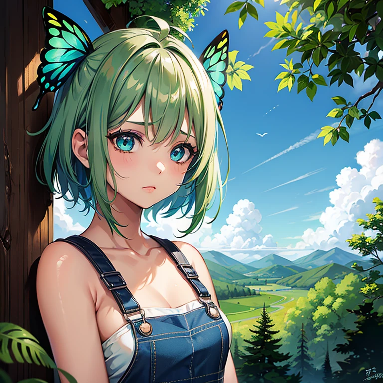 ((One Girl)), Green Hair、Short Bob、Bright Blue Eyes、Hair blowing in the wind、Big Ahoge、Big eyes、(butterfly hair accessories)、((Oily brown skin))、17 years old、Blue Overalls、look back、Only the upper body is visible、Pleading Face、Being in the deep forest、Shower