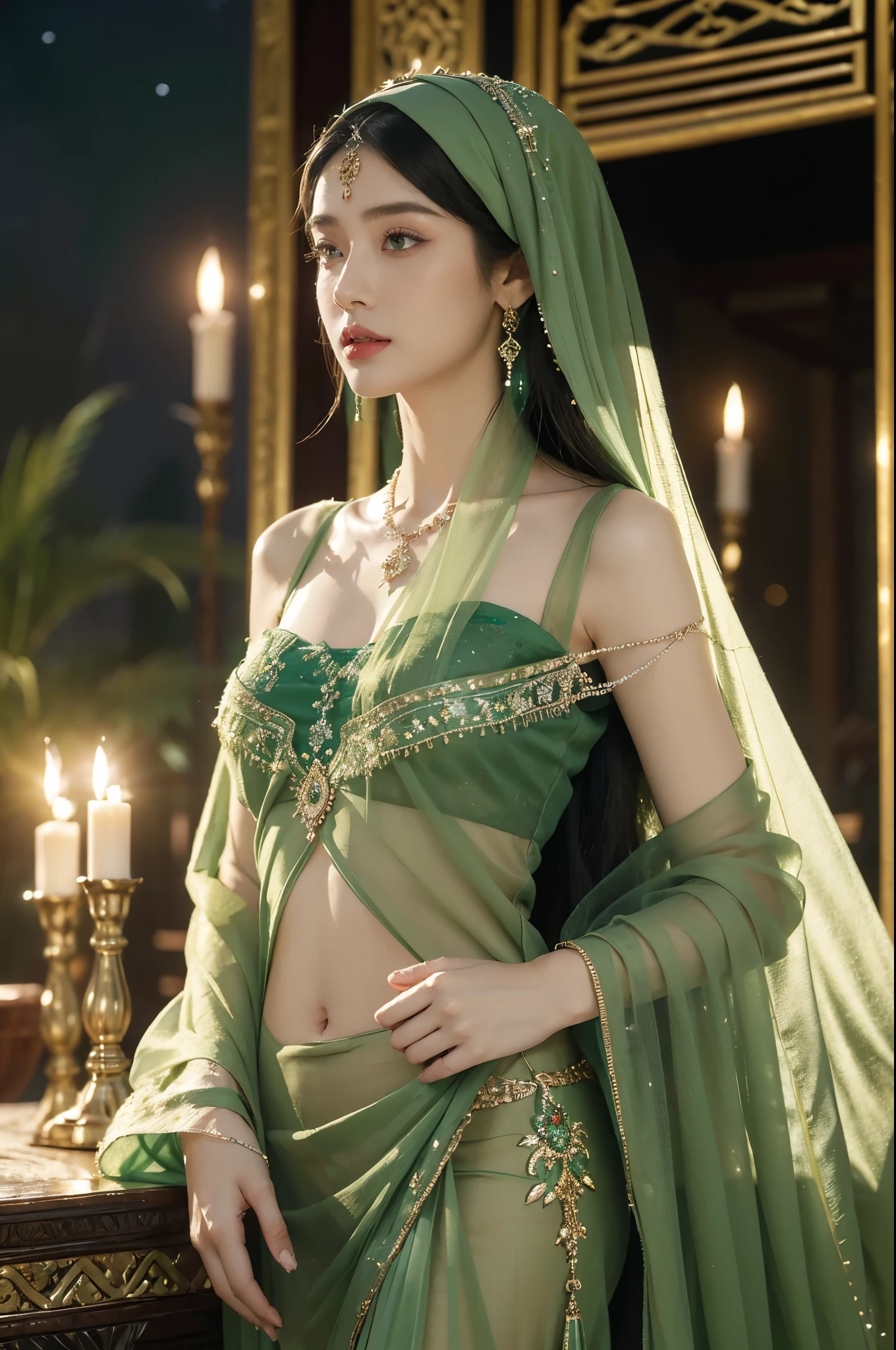 (((best quality))),(((ultra detailed))),(((masterpiece))),illustration,((1girl,Arabian dancer,solo)),(green hijab:1.3),((slim,thin)),((small breasts,flat chest)),((earrings,necklace)),((pearls,jewels,gemstones)),(night scene:1.3),(standing:1.3),(arms behind back:1.2),(in luxurious palace:1.3),(indoor:1.3),(gorgeous embroidered green sheer abaya:1.3),intricate patterns,((Arabian theme,Middle Eastern culture)),(shoulder length straight hair:1.2),(sheer veil on face:1.3),mystery, ornate furnishings, decorations, enchantment, magic, Persian magic carpet,night sky, floating,flame, fulfillment of desires,romance,One Thousand and One Nights, coherent narrative, dreamlike atmosphere, deep emotions, graceful movements, passion, face beneath the veil, beloved's dream, timeless beauty, enchantment,magical world, wondrous journey,((from front,upper body))
