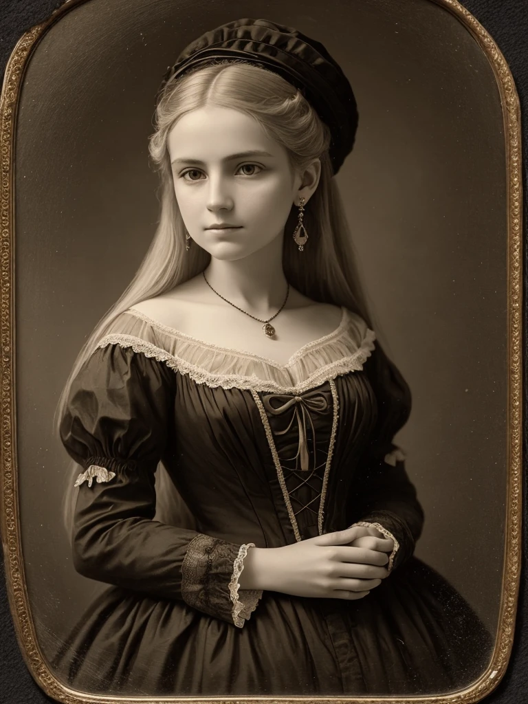 19th century portrait of a mysterious woman, around 32 years old, long blonde and straight hair. The image should be in a sepia tone with chiaroscuro lighting that highlights details without making the image too dark. The woman must have an enigmatic expression, with an intense look and young features. She is dressed in a dress and with earrings. The portrait should capture just the head and shoulders, daguerreotype style, with a shallow depth of field and a vintage photo border to mimic old photographs. The overall atmosphere should be dark but balanced to ensure the image remains sharp and suitable for printing, avoiding excessive darkness and maintaining visual quality.