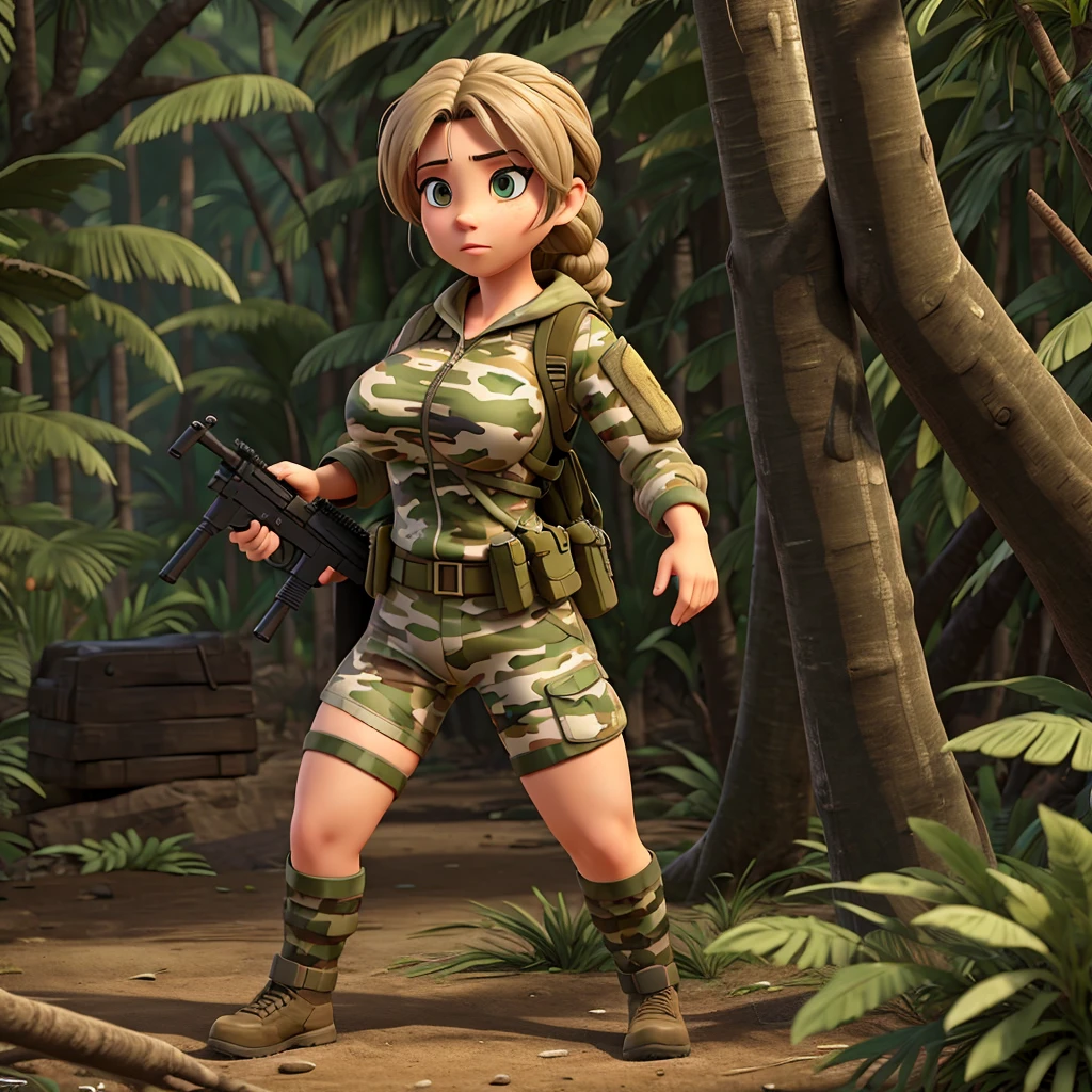 woman, tactical assault clothing, big breasts, camouflage shorts, serious expression, posing as a hunter, high definition, jungle background.