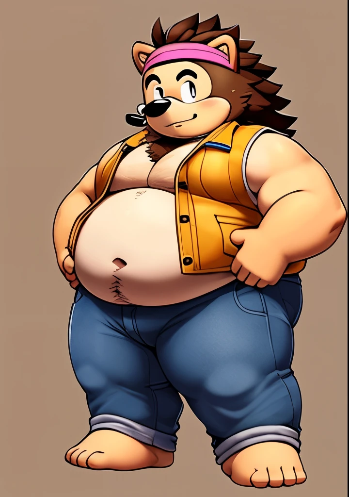 solo,male people,chubbiness,, solo, tmasterpiece,Correct body proportions,overweight,hedgehog,Shattered beard,Round glasses,brown hair,Yellow vest ,Pink headband,jeans,naked,foir