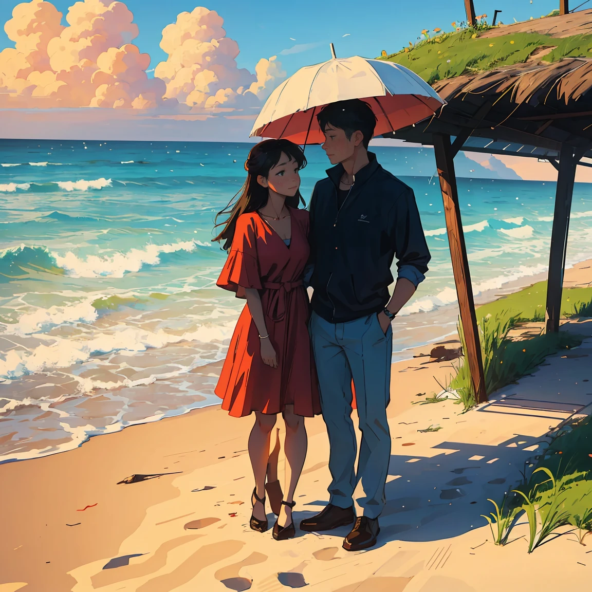 A romantic couple standing together on a beach, holding a red umbrella. The man and woman embrace each other tenderly, looking into each other's eyes with love and affection. The scene is set against a backdrop of a vast ocean, with gentle waves and a beautifully clouded sky. The grass in the foreground is lush and green, providing a soft base for the scene. The image has a slightly painterly effect, with the colors appearing vibrant and soft, reminiscent of an anime or watercolor painting. The overall atmosphere is serene and romantic, capturing a tender moment between the couple. The focus is on the couple, with the background slightly blurred, adding depth to the composition. The photograph is taken from a wide perspective, making the couple appear far away, and capturing a broad view of the sky and landscape. This wide-angle approach emphasizes the expansive beauty of the surroundings, highlighting the serene ocean and the vast, cloud-filled sky, enhancing the dreamy and romantic ambiance of the scene
